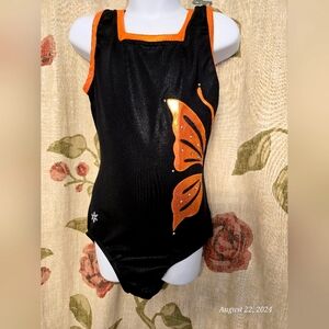 Girls Leotard by Snowflake Designs, butterfly w/rinestones, black & orange sz XS